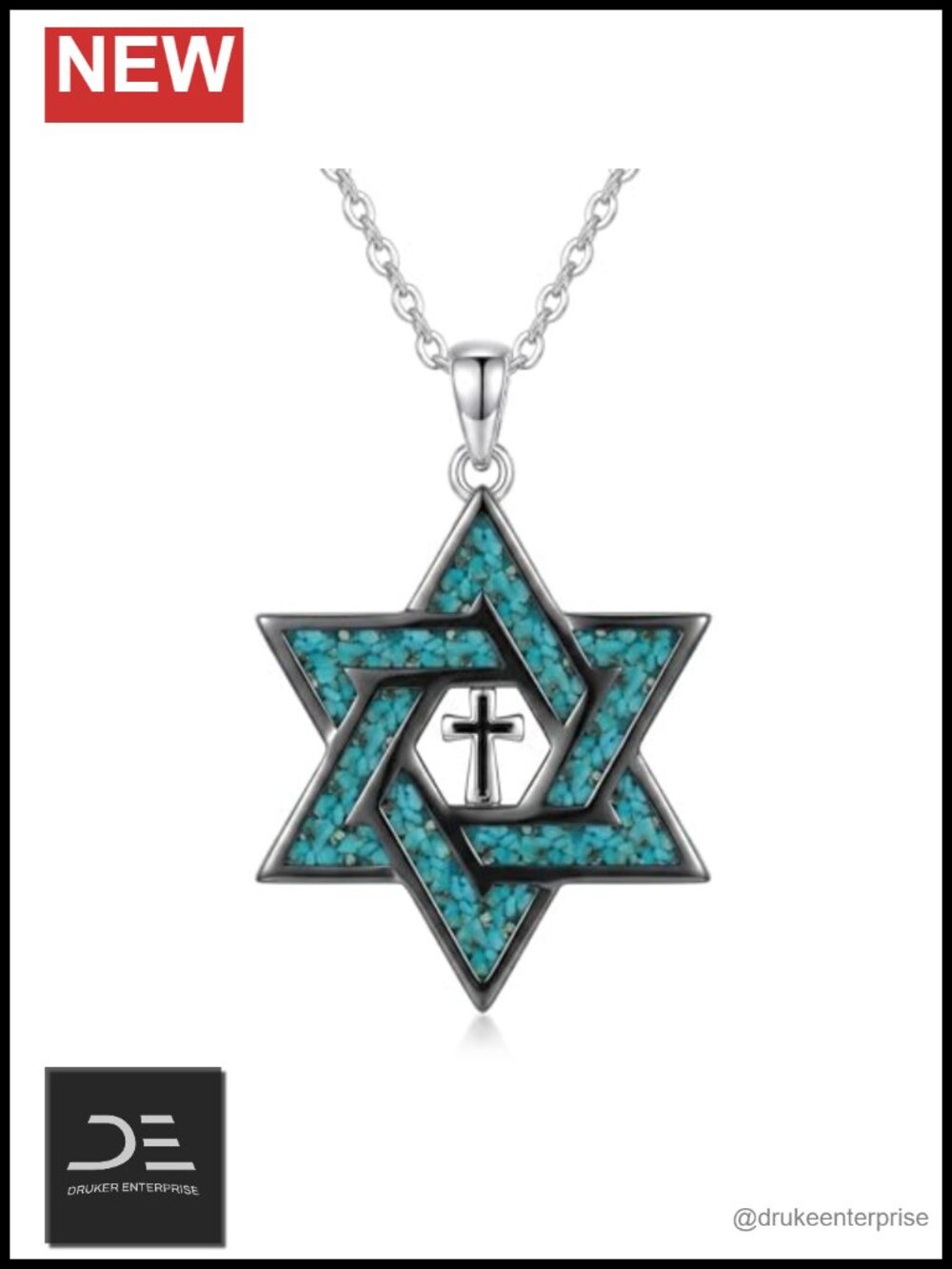 Sterling Silver Star of David Pendant Necklace Turquoise Inlay Hypoallergenic